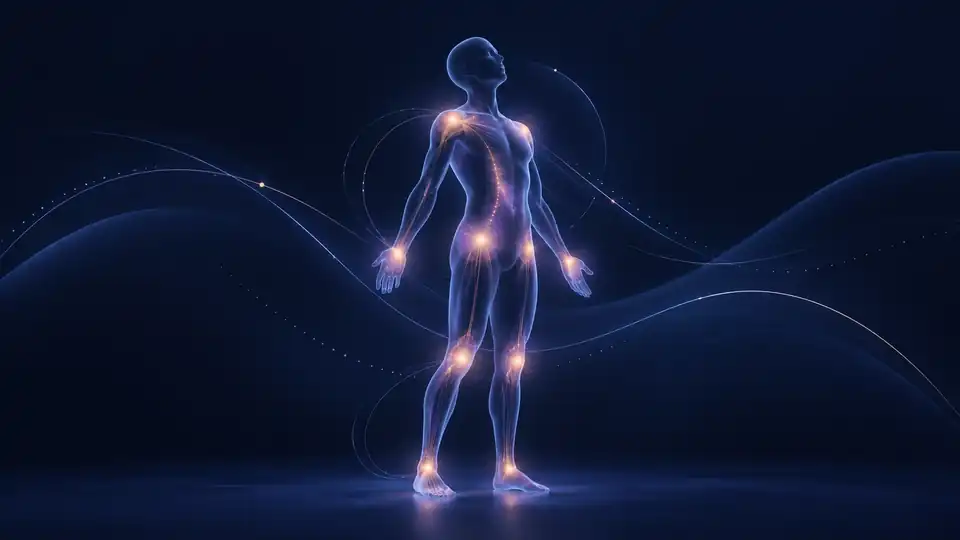 Blue translucent human figure with gentle light tracing the shoulders, hands, knees and feet to represent fibromyalgia pain awareness.