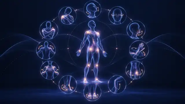 Conceptual illustration of a body surrounded by small movement symbols, reflecting the twelve Micro-Brace exercises.